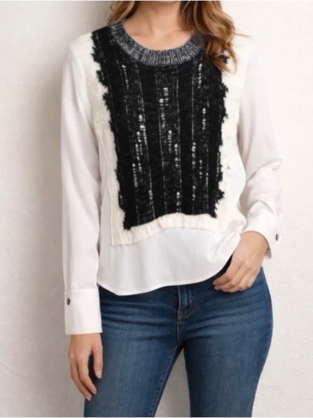Crea Concept Black & White Knit-Front Blouse